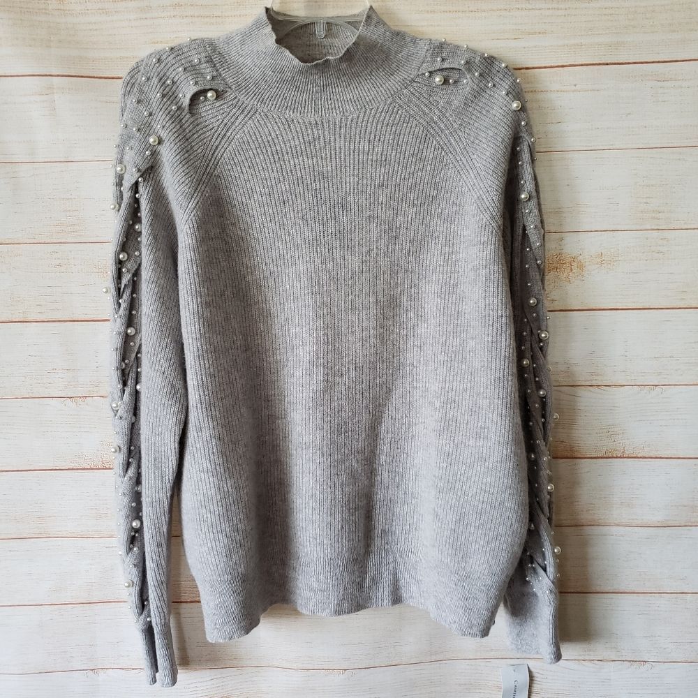 Charter Club 100% Cashmere Faux Pearl Ribbed Knit Mock Neck Sweater Size XL Grey